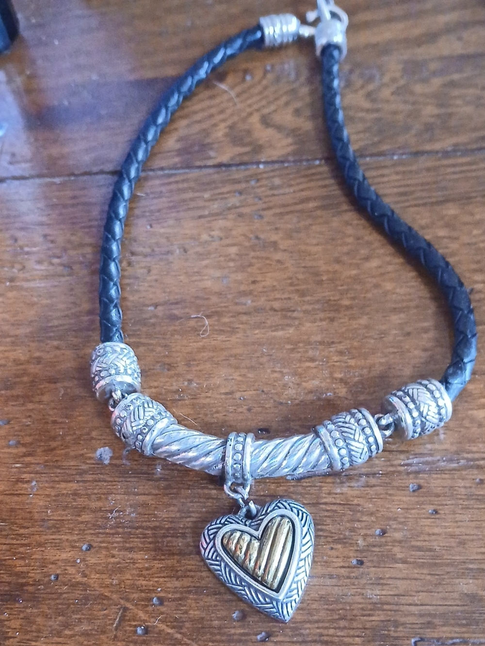 BRIGHTON Black Braided Leather Silver Heart Charm Dangle Pendant Necklace 15''